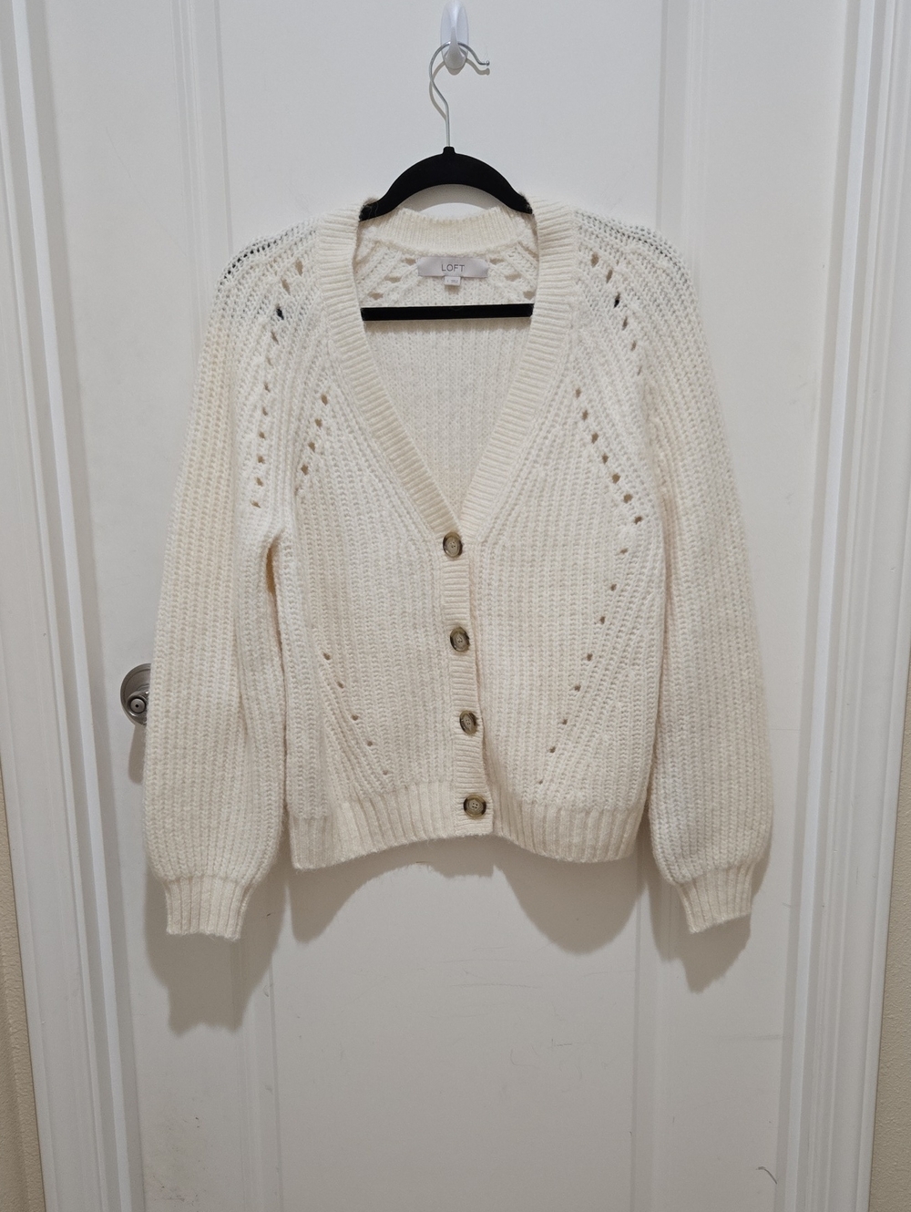 LOFT Cream V-Neck Button Cardigan